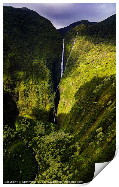 Aerial Molokai valley waterfalls a volcanic Pacific ocean  Print by Spotmatik 