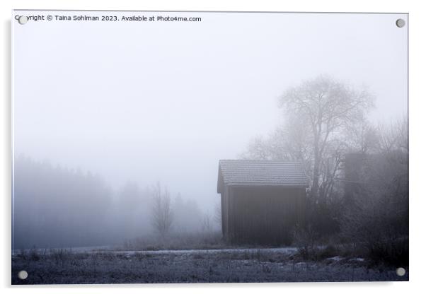 Old Barn on a Foggy Winter Morning Acrylic by Taina Sohlman