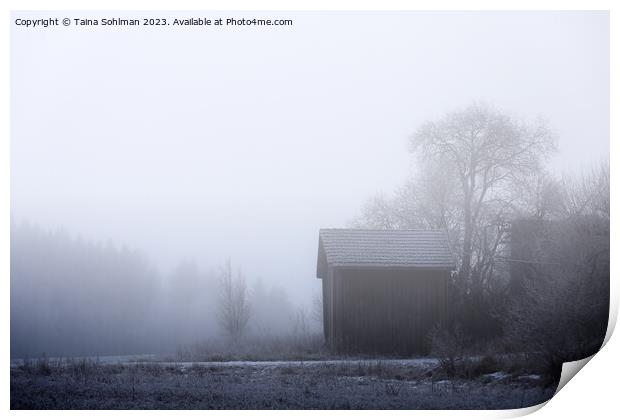 Old Barn on a Foggy Winter Morning Print by Taina Sohlman