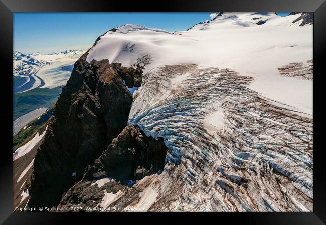 Aerial view glacier ice shelf Alaska moraine Framed Print by Spotmatik 