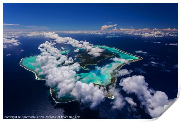 Aerial cloud covered Bora Bora in French Polynesia  Print by Spotmatik 
