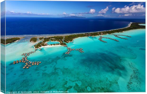 Aerial Bora Bora Luxury Overwater bungalows South Pacific Canvas Print by Spotmatik 