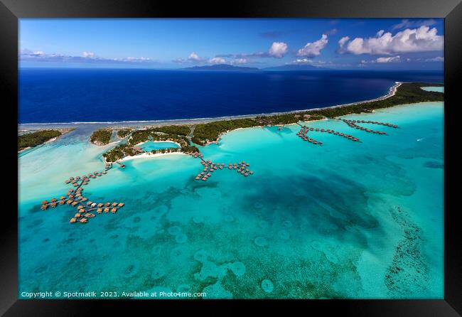 Aerial Bora Bora Luxury Overwater bungalows South Pacific Framed Print by Spotmatik 