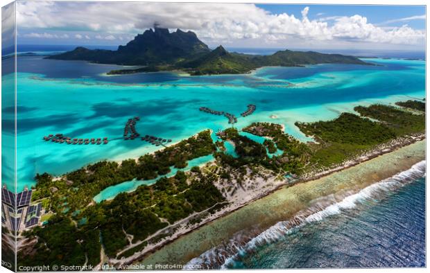 Aerial Bora Bora Island Tahiti South Pacific coastline  Canvas Print by Spotmatik 