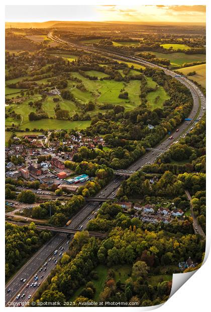 Aerial view sunset over London orbital motorway M25 Print by Spotmatik 