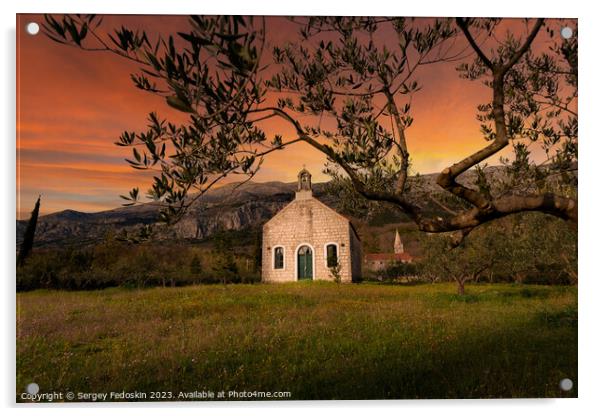 Old church of the Most Holy Trinity in village Pridvorje near Dubrovnik. Konavle region. Croatia. Acrylic by Sergey Fedoskin