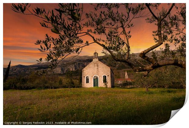 Old church of the Most Holy Trinity in village Pridvorje near Dubrovnik. Konavle region. Croatia. Print by Sergey Fedoskin