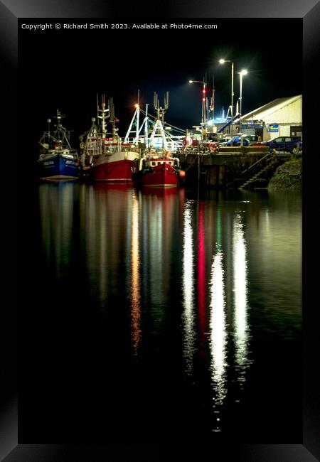 Fishing vessels moored to Portree pier at night Framed Print by Richard Smith