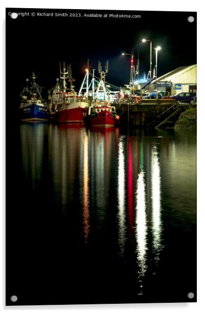Fishing vessels moored to Portree pier at night Acrylic by Richard Smith