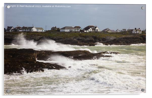 Stormy Seas in Trearddur Bay Anglesey Acrylic by Pearl Bucknall