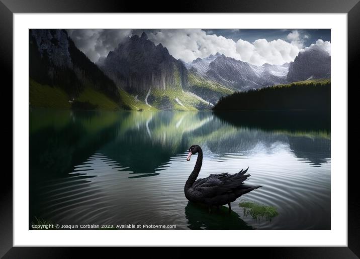 Painting of a beautiful black swan at sunset in a lake between m Framed Mounted Print by Joaquin Corbalan