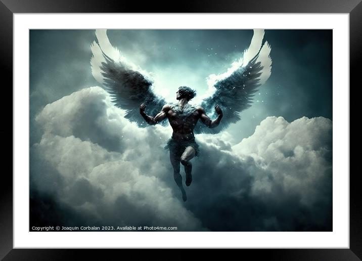 artistic painting of a winged man above the clouds freed from st Framed Mounted Print by Joaquin Corbalan
