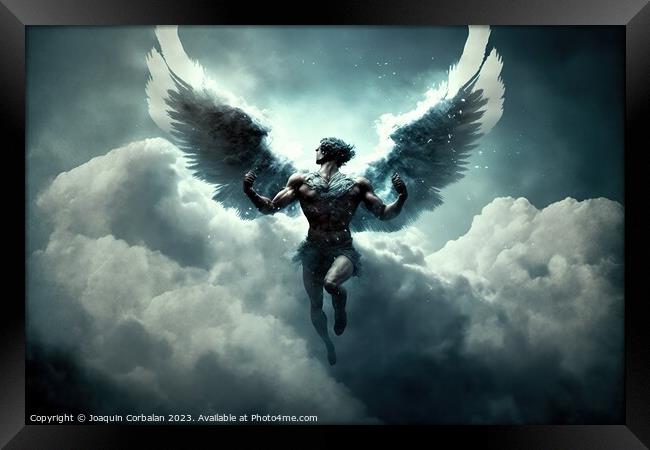 artistic painting of a winged man above the clouds freed from st Framed Print by Joaquin Corbalan