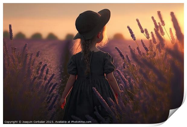Painting of a beautiful girl walking through a field of beautifu Print by Joaquin Corbalan