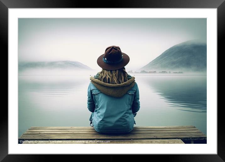 A woman sitting with her back to a jetty looks relaxedly at the  Framed Mounted Print by Joaquin Corbalan