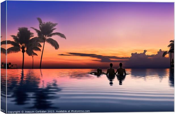 Illustration of a couple watching the tropical sunset in an infi Canvas Print by Joaquin Corbalan