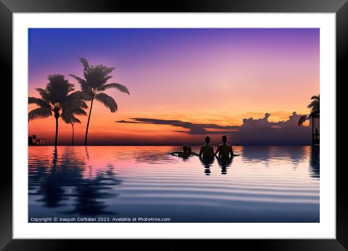 Illustration of a couple watching the tropical sunset in an infi Framed Mounted Print by Joaquin Corbalan