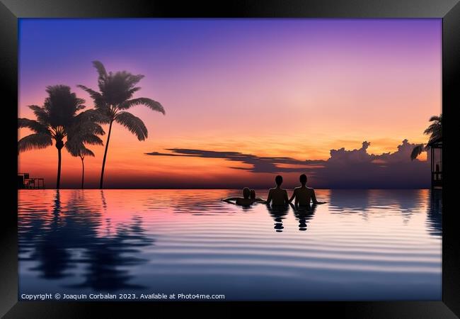 Illustration of a couple watching the tropical sunset in an infi Framed Print by Joaquin Corbalan