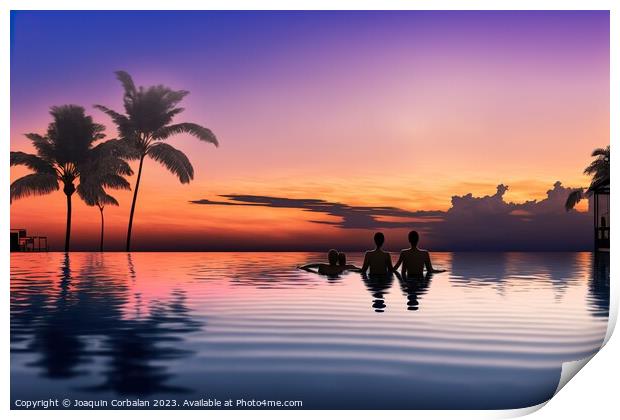 Illustration of a couple watching the tropical sunset in an infi Print by Joaquin Corbalan