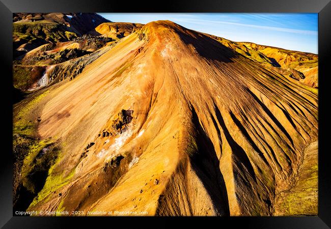 Aerial Icelandic view of Landmannalaugar colour rich minerals Framed Print by Spotmatik 