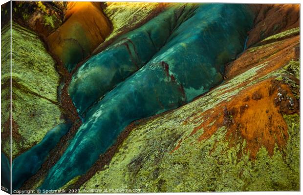 Aerial of colored rock formations in glacial Landmannalaugar  Canvas Print by Spotmatik 
