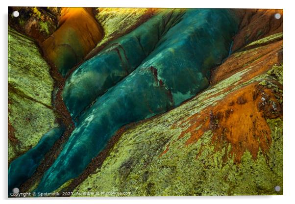 Aerial of colored rock formations in glacial Landmannalaugar  Acrylic by Spotmatik 