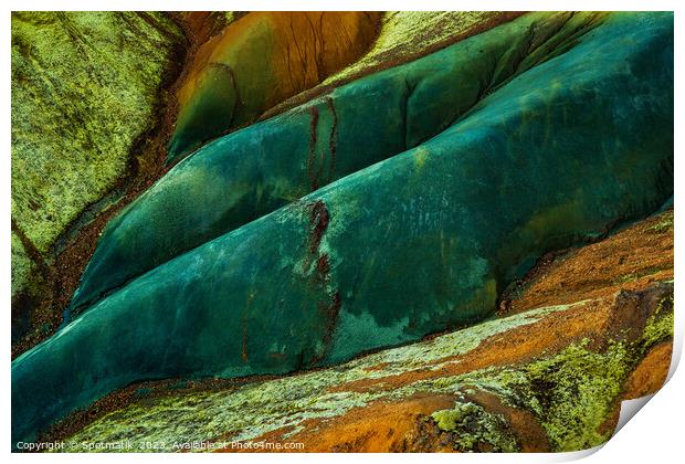 Aerial of colored rock formations in glacial Landmannalaugar  Print by Spotmatik 