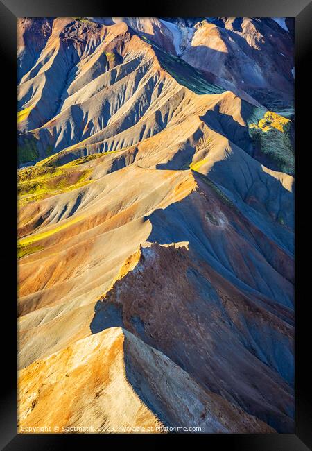 Aerial of Icelandic Landmannalaugar mineral rich volcanic Framed Print by Spotmatik 