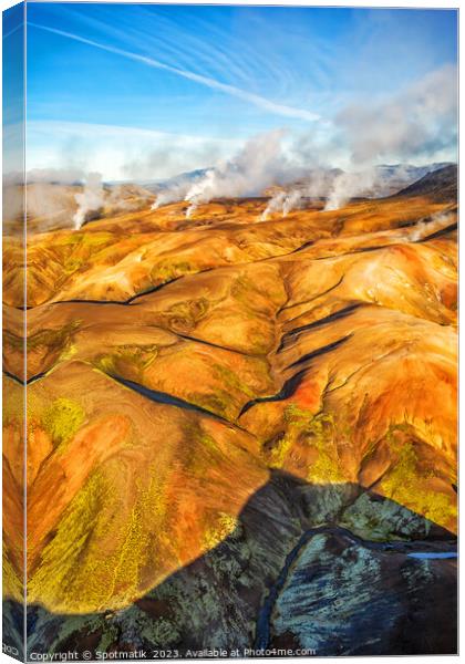 Aerial of hot springs Iceland volcanic Landscape Landmannalaugar Canvas Print by Spotmatik 