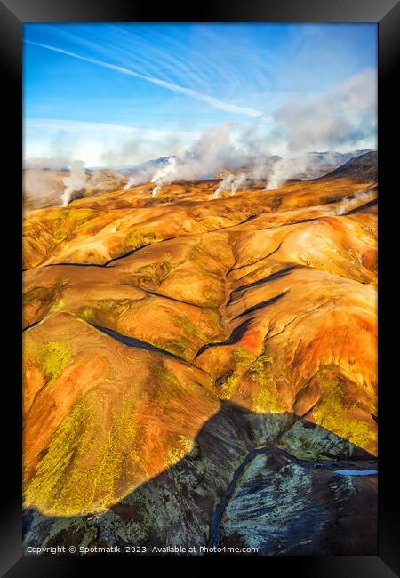 Aerial of hot springs Iceland volcanic Landscape Landmannalaugar Framed Print by Spotmatik 
