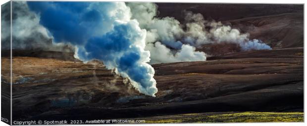 Aerial panorama hot steam and gases geothermal activity  Canvas Print by Spotmatik 