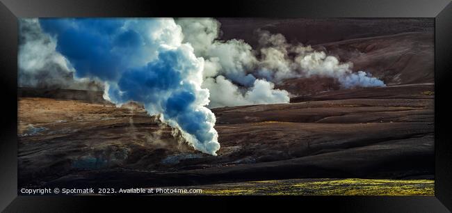 Aerial panorama hot steam and gases geothermal activity  Framed Print by Spotmatik 