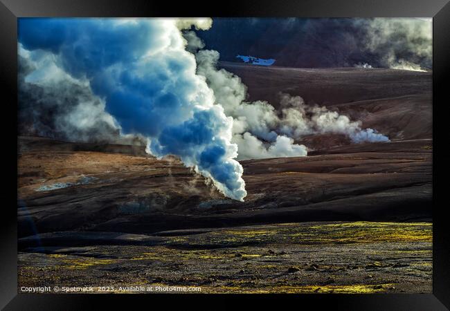 Aerial steam rising from open volcanic fissures Iceland Framed Print by Spotmatik 