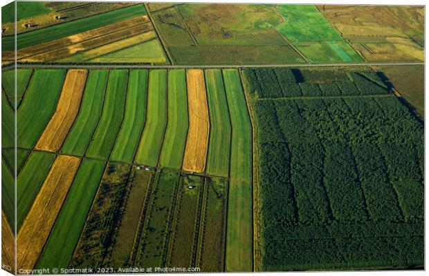 Aerial of Icelandic agricultural farming crops green countryside Canvas Print by Spotmatik 