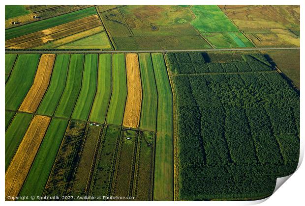 Aerial of Icelandic agricultural farming crops green countryside Print by Spotmatik 