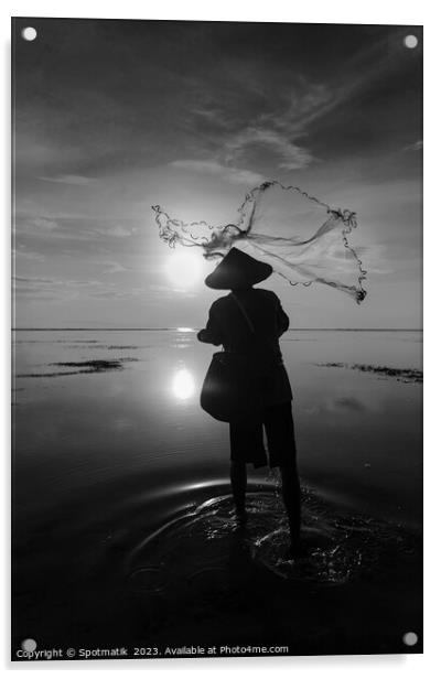 Balinese fisherman casting net Flores sea at sunrise Acrylic by Spotmatik 