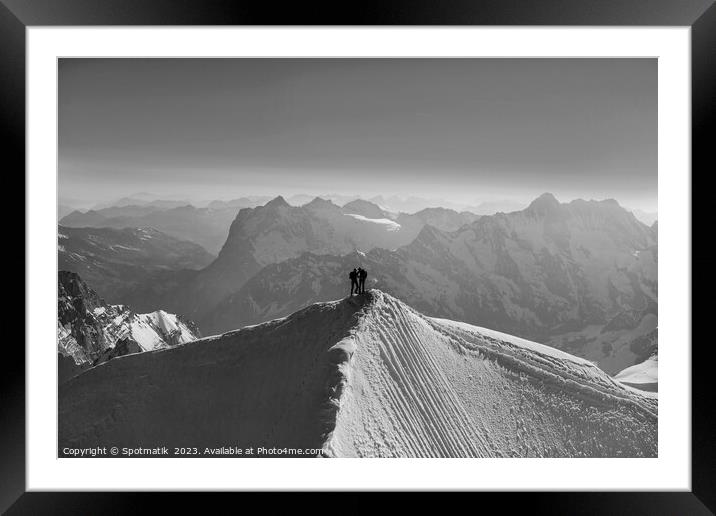 Aerial Switzerland two climbers on mountain summit Europe Framed Mounted Print by Spotmatik 