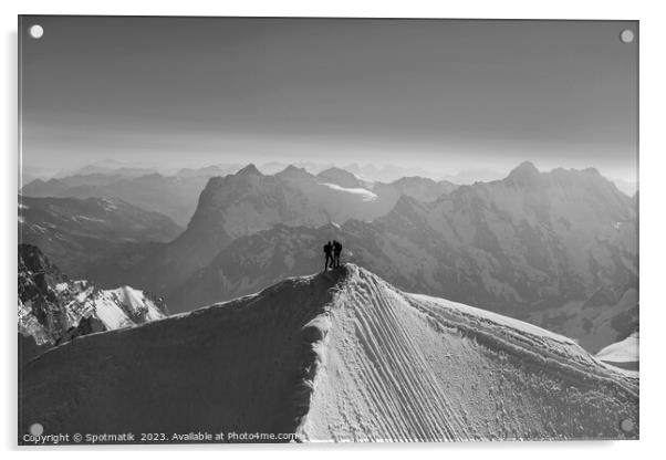 Aerial Switzerland two climbers on mountain summit Europe Acrylic by Spotmatik 