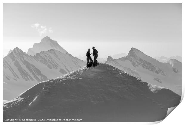 Aerial Switzerland two climbers on snow covered Peak Print by Spotmatik 