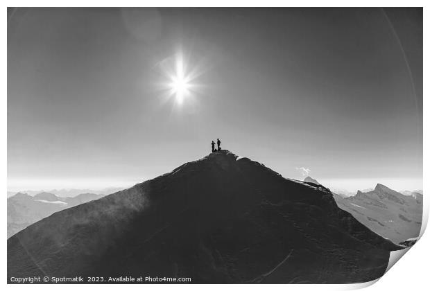 Aerial view Switzerland climbers on mountain summit Europe Print by Spotmatik 
