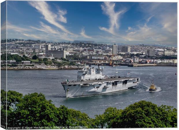 The Mighty HMS Ocean Arrives in Plymouth Canvas Print by Roger Mechan