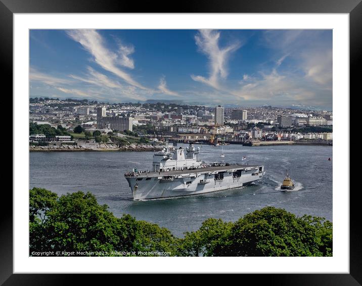 The Mighty HMS Ocean Arrives in Plymouth Framed Mounted Print by Roger Mechan