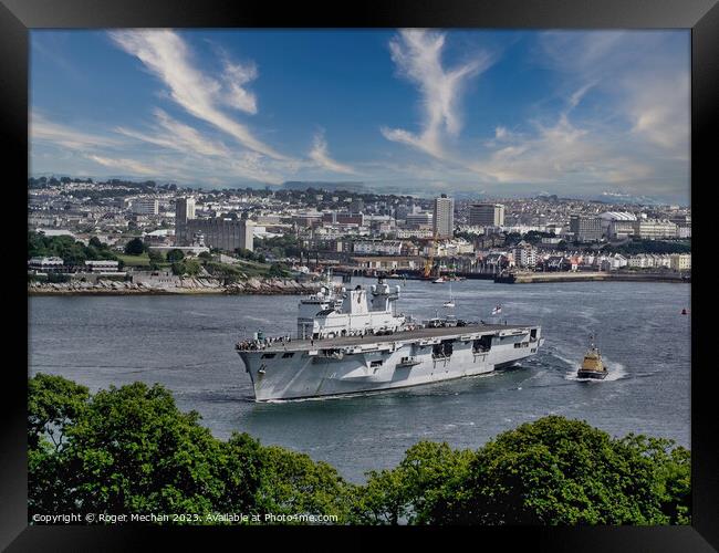 The Mighty HMS Ocean Arrives in Plymouth Framed Print by Roger Mechan
