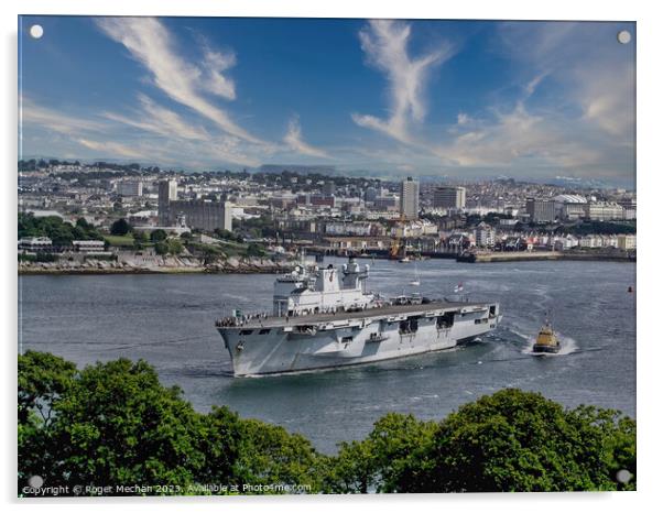 The Mighty HMS Ocean Arrives in Plymouth Acrylic by Roger Mechan