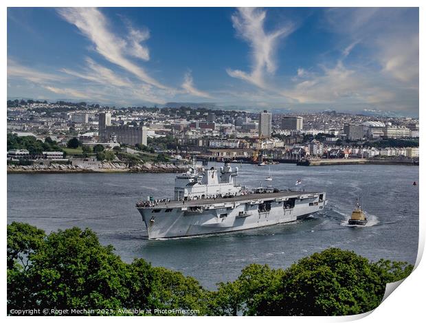 The Mighty HMS Ocean Arrives in Plymouth Print by Roger Mechan