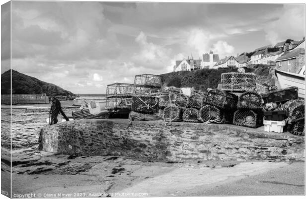 Harbour Lobster Pots Port Isaac Mono Canvas Print by Diana Mower