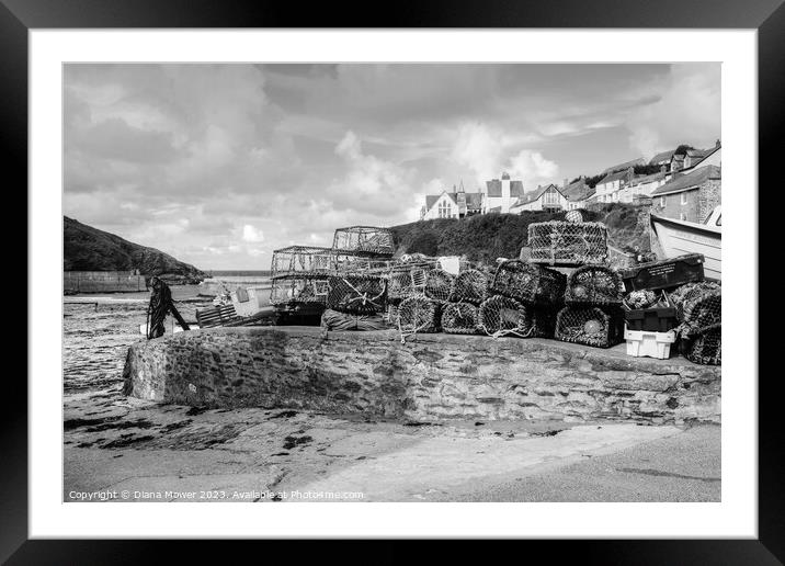Harbour Lobster Pots Port Isaac Mono Framed Mounted Print by Diana Mower