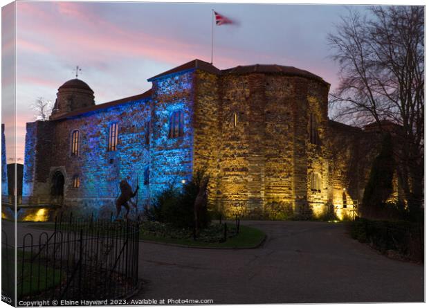Colchester Castle illuminated at sunset Canvas Print by Elaine Hayward