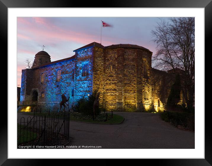 Colchester Castle illuminated at sunset Framed Mounted Print by Elaine Hayward