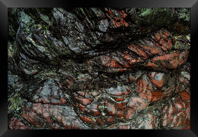 Serpentine Rock red and green Framed Print by kathy white
